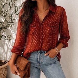 Passport Size S Rust Polka Dot Sheer Blouse Hi Low Button Front